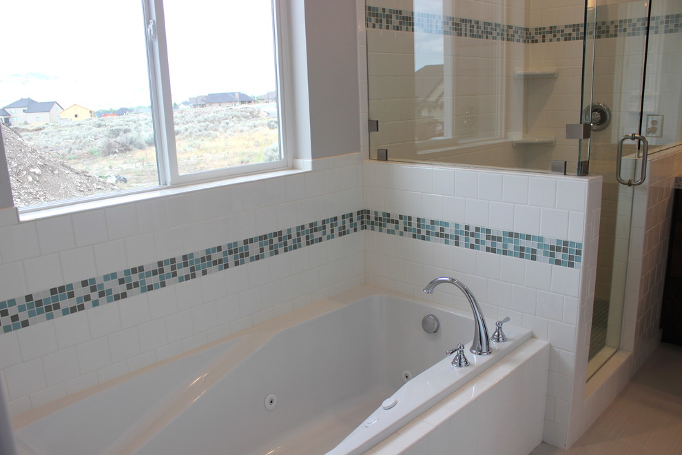 Large elegant master white tile and ceramic tile ceramic tile bathroom photo in Salt Lake City with an undermount sink, shaker cabinets, dark wood cabinets, granite countertops, a two-piece toilet and gray walls