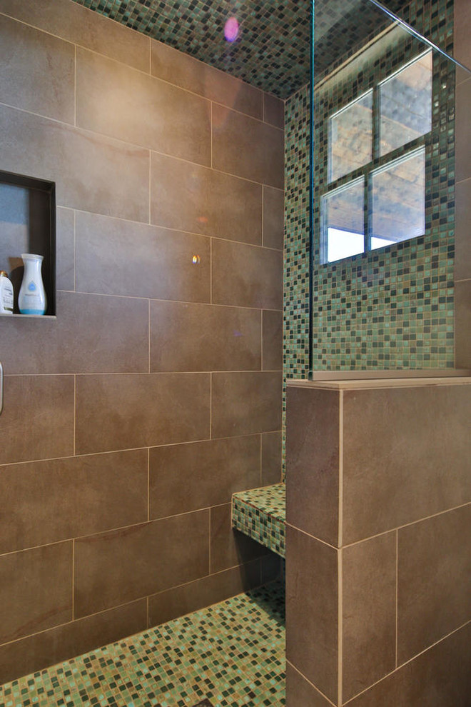 Example of a large trendy master gray tile and stone tile ceramic tile doorless shower design in Other with recessed-panel cabinets, distressed cabinets, an undermount tub, gray walls, an undermount sink and soapstone countertops