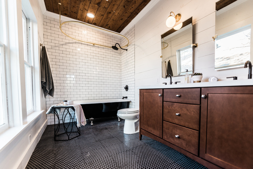 Bathroom - mid-sized mid-century modern master black and white tile and ceramic tile ceramic tile bathroom idea in Dallas with furniture-like cabinets, dark wood cabinets, white walls, an undermount sink and quartz countertops