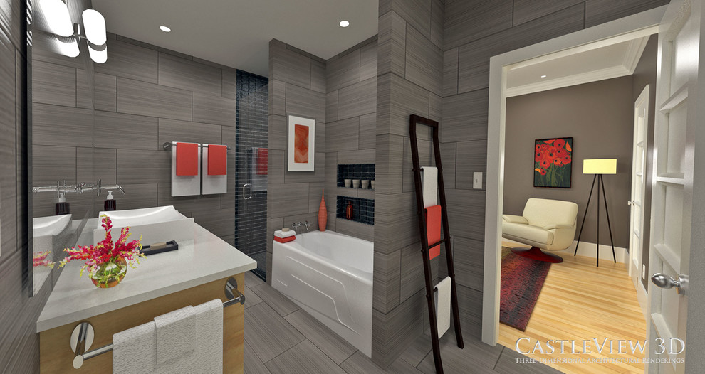 Foto de cuarto de baño minimalista, de tamaño medio, con lavabo sobreencimera, armarios con paneles lisos, puertas de armario de madera clara, encimera de cuarzo compacto, bañera empotrada, ducha empotrada, baldosas y/o azulejos grises, baldosas y/o azulejos de porcelana, paredes grises y suelo de baldosas de porcelana