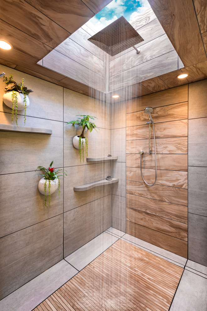 Bathroom - large modern master gray tile and ceramic tile ceramic tile and gray floor bathroom idea in Minneapolis with flat-panel cabinets, dark wood cabinets, a one-piece toilet, white walls, a vessel sink and concrete countertops