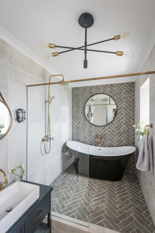 Textured Tranquility with Stone-look Herringbone Tiles