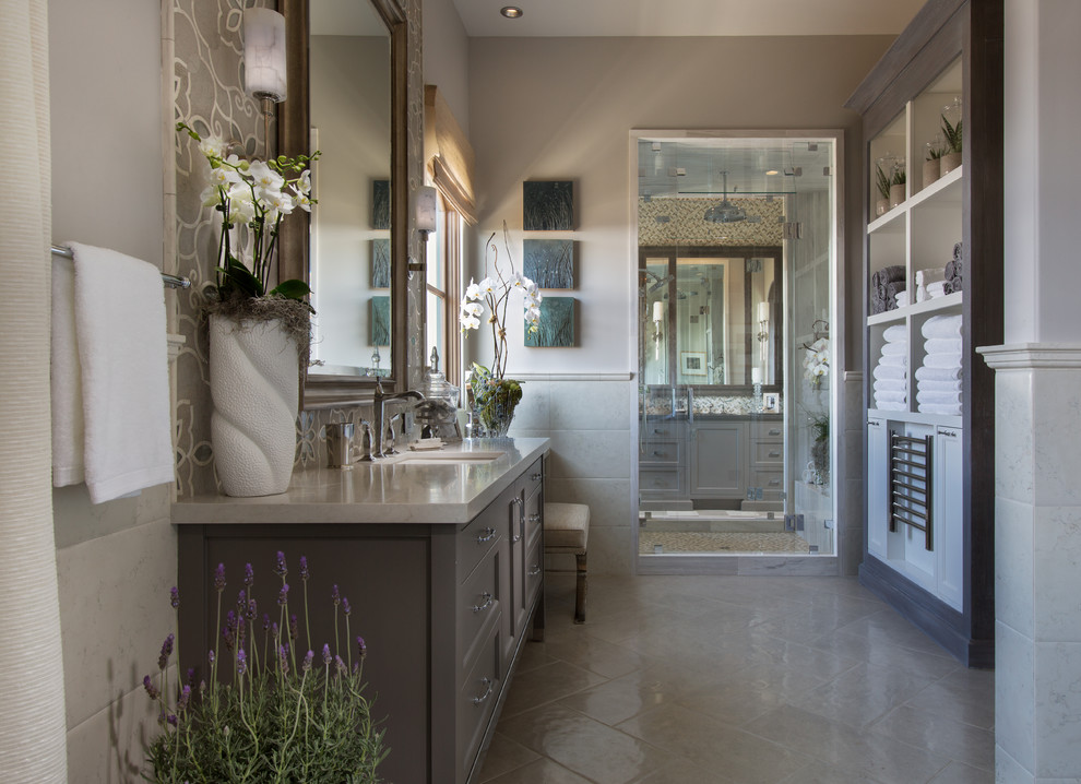 Large transitional master gray tile, white tile and mosaic tile ceramic tile and gray floor alcove shower photo in Orange County with shaker cabinets, gray cabinets, a two-piece toilet, gray walls, an undermount sink, quartz countertops and a hinged shower door