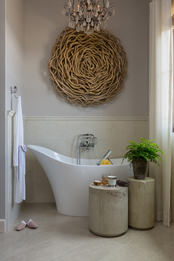 Example of a large transitional master gray tile, white tile and mosaic tile ceramic tile and gray floor bathroom design in Orange County with gray walls, shaker cabinets, gray cabinets, a two-piece toilet, an undermount sink, quartz countertops and a hinged shower door