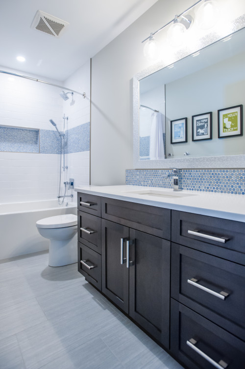 Classic Sophistication: Wood Vanity with Blue Penny Tile Backsplash