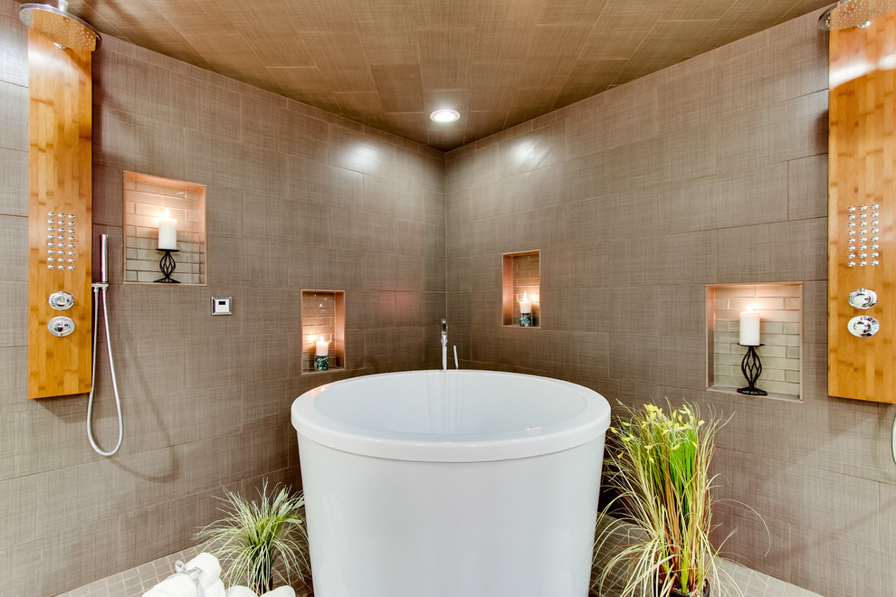Beach style gray tile bathroom photo in San Diego with dark wood cabinets and a two-piece toilet