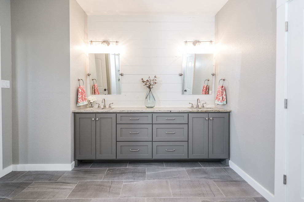 Bathroom - farmhouse master white tile and ceramic tile ceramic tile and gray floor bathroom idea in Dallas with shaker cabinets, gray cabinets, gray walls, an undermount sink and granite countertops