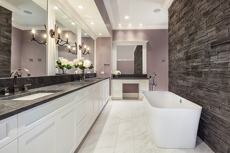 Large transitional master gray tile and stone tile marble floor bathroom photo in Other with shaker cabinets, white cabinets, purple walls, an undermount sink and granite countertops
