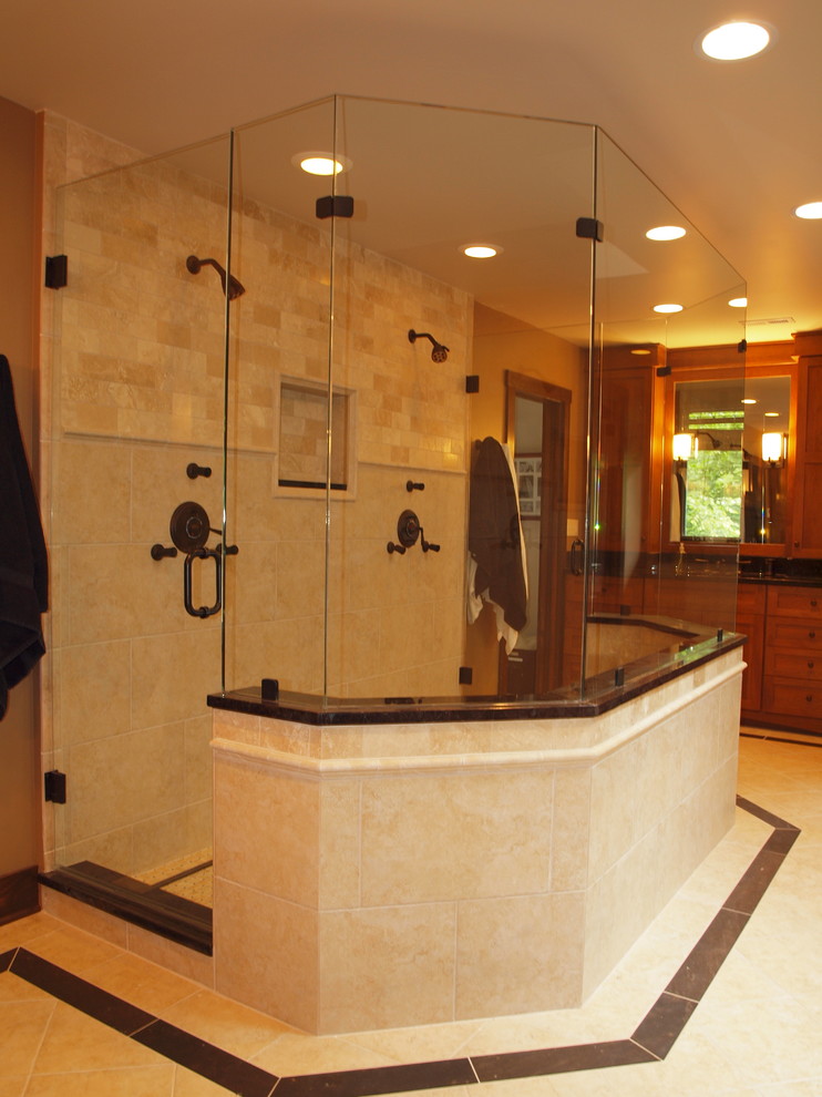 Large elegant master beige tile double shower photo in Chicago with beige walls