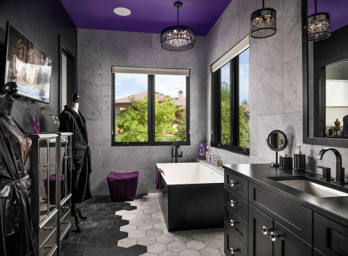Contemporary bathroom with Black Bathroom Cabinets, freestanding tub, hexagon tile floor, and bold purple ceiling design