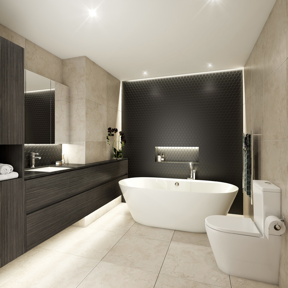 Photo of a medium sized contemporary bathroom in Auckland with dark wood cabinets, an alcove shower, a one-piece toilet, ceramic flooring, a submerged sink and engineered stone worktops.