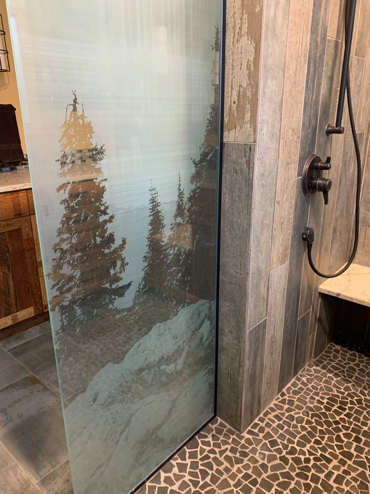 Inspiration for a medium sized rustic ensuite bathroom in Seattle with shaker cabinets, medium wood cabinets, a built-in shower, yellow tiles, glass tiles, yellow walls, porcelain flooring, engineered stone worktops, grey floors, an open shower, beige worktops, a shower bench, double sinks and a built in vanity unit.