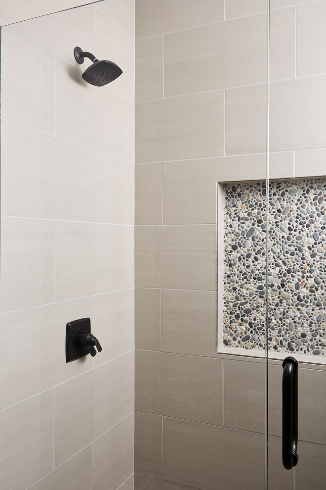 This is an example of a medium sized industrial shower room bathroom in Minneapolis with freestanding cabinets, grey cabinets, an alcove shower, a two-piece toilet, porcelain tiles, grey walls, cement flooring, a submerged sink, engineered stone worktops, white floors, a hinged door and white worktops.
