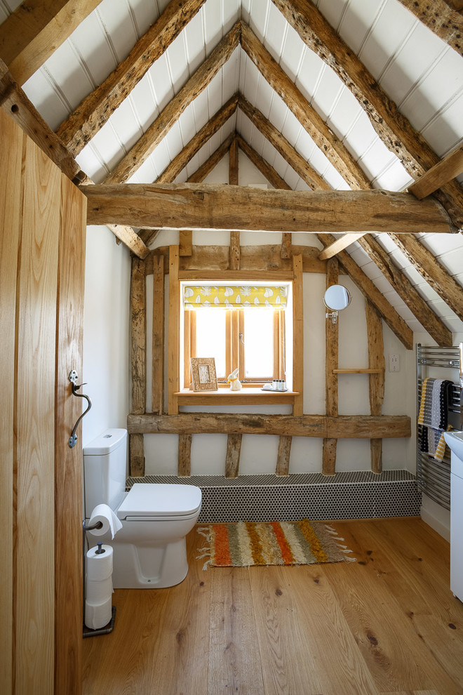 Country bathroom in Essex with a two-piece toilet, white walls, medium hardwood flooring and brown floors.