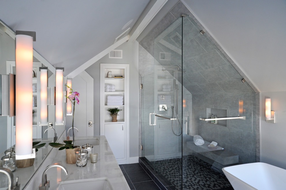 Design ideas for a medium sized modern ensuite bathroom in Columbus with black cabinets, a freestanding bath, a corner shower, grey tiles, porcelain tiles, white walls, slate flooring, a submerged sink and engineered stone worktops.