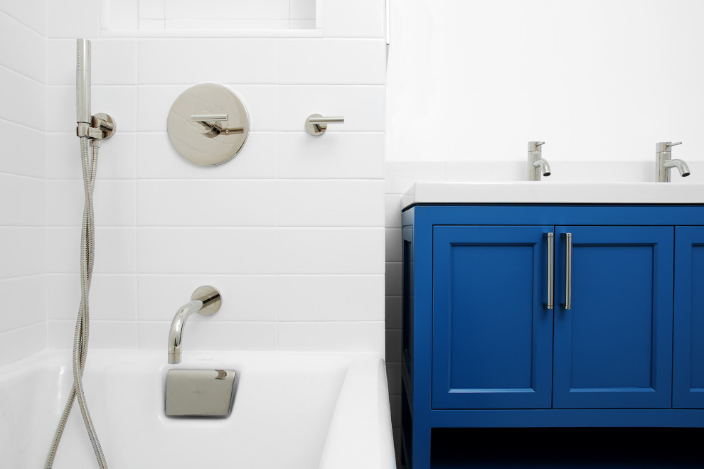 Mid-sized trendy master single-sink bathroom photo in San Francisco with shaker cabinets, blue cabinets, white walls, an undermount sink, quartz countertops, white countertops and a freestanding vanity
