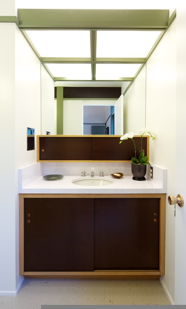 Aménagement d'une salle de bain rétro en bois foncé avec un placard à porte plane et un lavabo encastré.