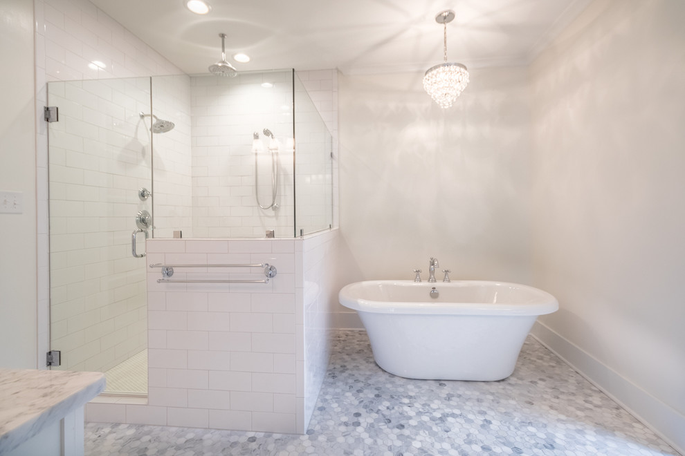 Example of a huge arts and crafts master white tile and subway tile marble floor bathroom design in Richmond with shaker cabinets, white cabinets, a two-piece toilet, white walls, an undermount sink and marble countertops