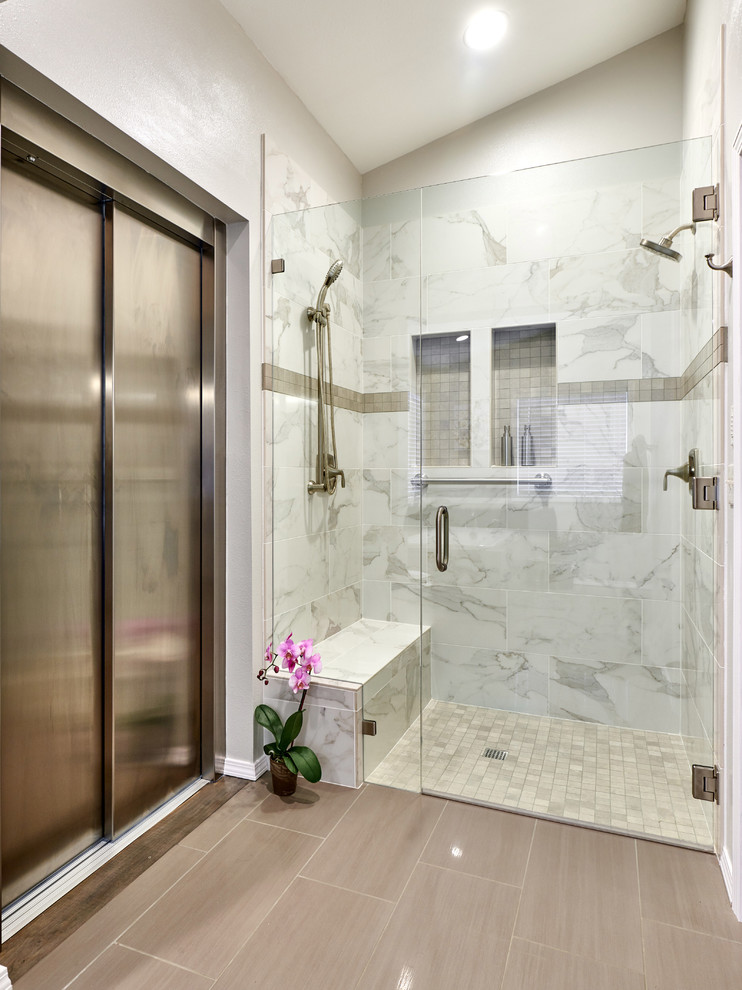 Large eclectic master porcelain tile and gray tile porcelain tile and beige floor walk-in shower photo in Other with white walls and a hinged shower door