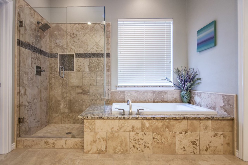 Mid-sized elegant master beige tile and stone tile travertine floor bathroom photo in Dallas with raised-panel cabinets, white cabinets, granite countertops, a two-piece toilet and white walls