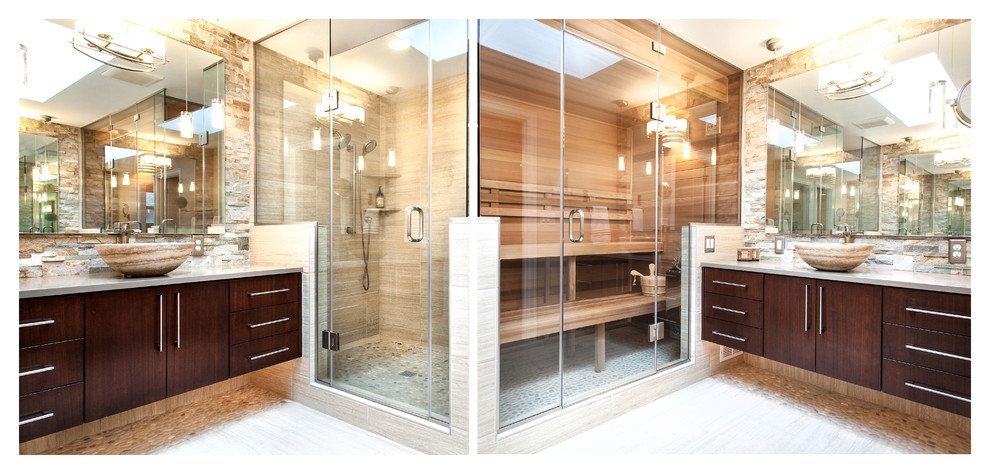 Example of a mid-sized trendy master beige tile and porcelain tile porcelain tile corner shower design in Portland with a vessel sink, flat-panel cabinets, dark wood cabinets, quartz countertops, a two-piece toilet and gray walls