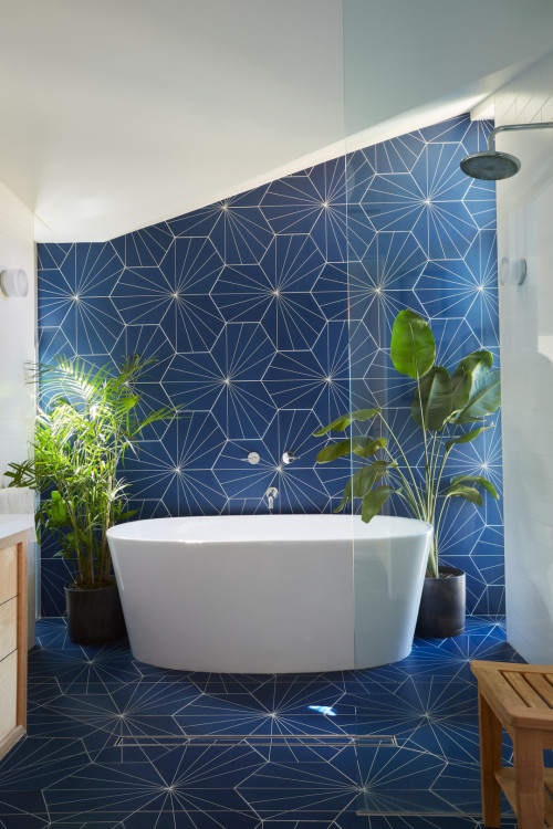 Midcentury Masterpiece: Midcentury Bathroom with Starburst Hexagons and Potted Plants
