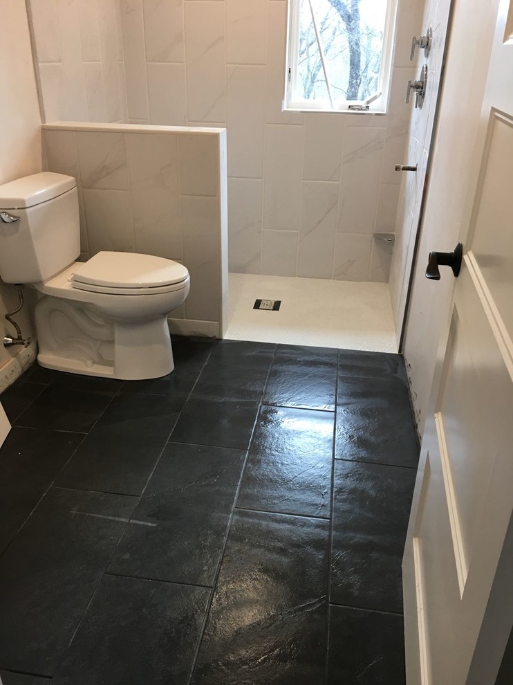 Example of a mid-sized trendy master white tile and ceramic tile ceramic tile bathroom design in Boston with white walls