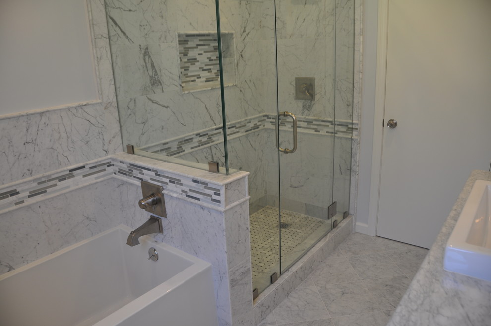 Tile and Marble Gray Backsplash Walkin Shower Covina