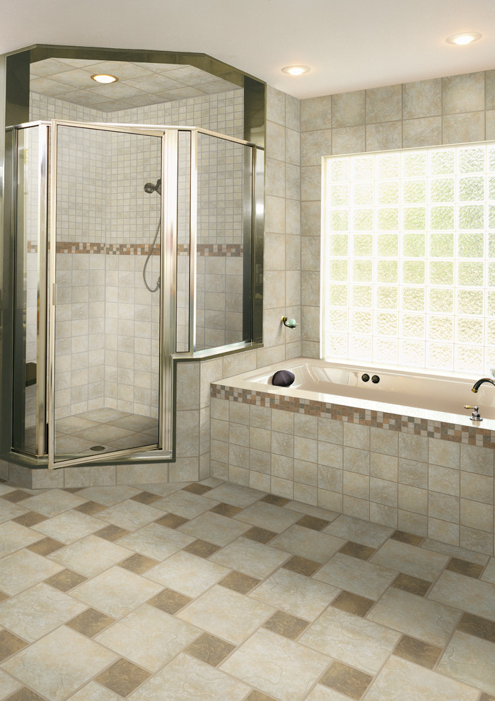 This is an example of a contemporary ensuite bathroom in Miami with a submerged bath, a corner shower, grey tiles, porcelain tiles and porcelain flooring.