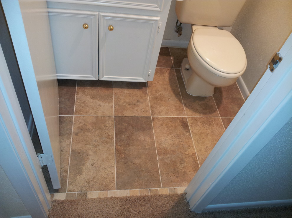 Ejemplo de cuarto de baño actual con baldosas y/o azulejos marrones, baldosas y/o azulejos de porcelana, suelo de baldosas de porcelana y aseo y ducha
