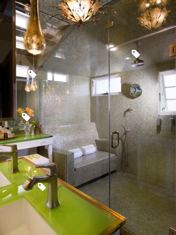 This is an example of a small bohemian ensuite bathroom in Los Angeles with an alcove shower, grey tiles, mosaic tiles, grey walls, mosaic tile flooring, a built-in sink, glass worktops, grey floors and a hinged door.