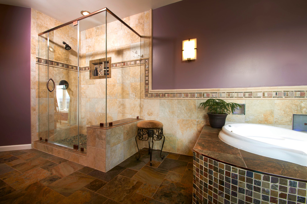 Design ideas for a large mediterranean ensuite bathroom in Other with a submerged sink, raised-panel cabinets, granite worktops, a corner shower, a two-piece toilet, brown tiles, porcelain tiles, a built-in bath, purple walls and slate flooring.