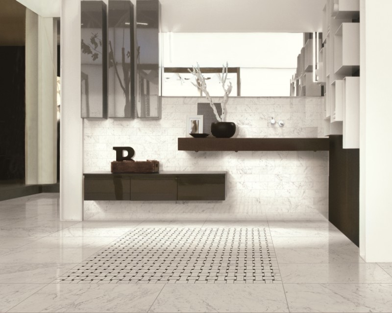 Trendy porcelain tile bathroom photo in Minneapolis with dark wood cabinets