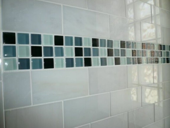 Inspiration for a mid-sized modern master white tile and ceramic tile concrete floor walk-in shower remodel in St Louis