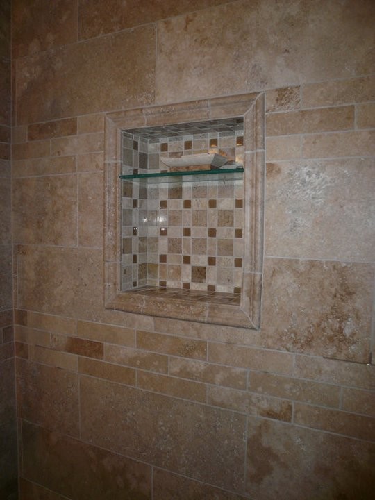 Photo of a medium sized classic ensuite bathroom in St Louis with a built-in shower, white tiles, ceramic tiles and concrete flooring.