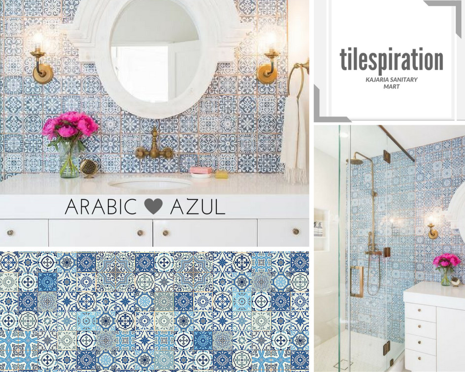 Exemple d'une salle de bain méditerranéenne avec un carrelage bleu, des carreaux de porcelaine et un sol en carrelage de porcelaine.
