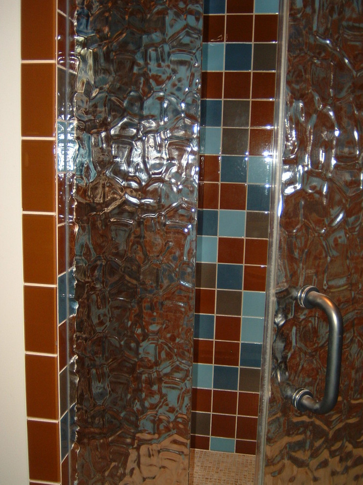 Inspiration for a contemporary bathroom in Other with ceramic tiles, mosaic tile flooring, blue tiles, brown tiles and red tiles.