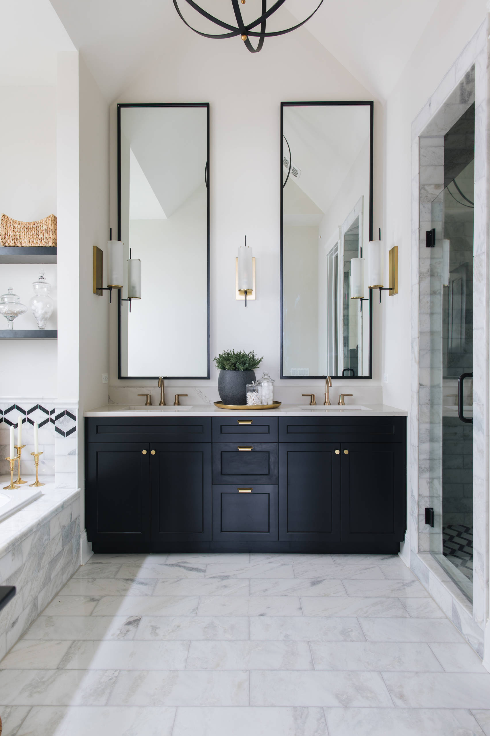 Bathroom With Black Cabinets, Black Storage Mirror Bathroom Tiles