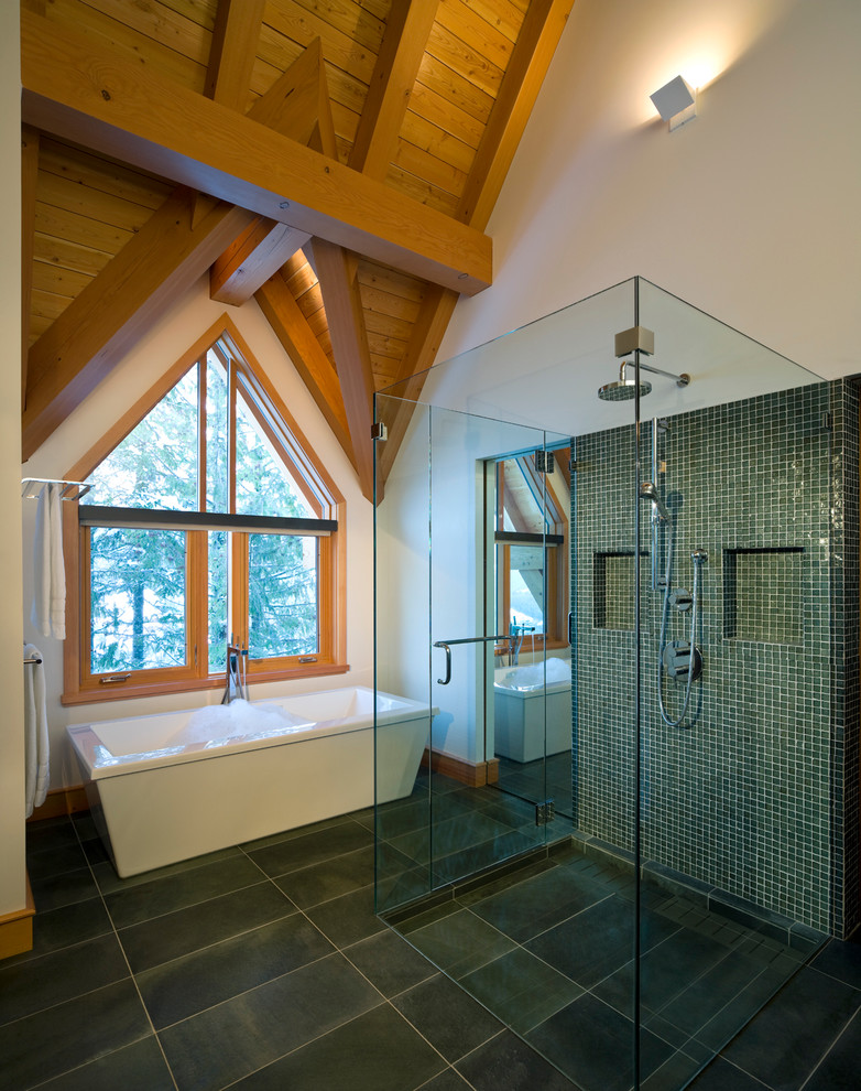 Design ideas for a medium sized rustic ensuite bathroom in Vancouver with a freestanding bath, a built-in shower, green tiles, mosaic tiles, white walls and a hinged door.