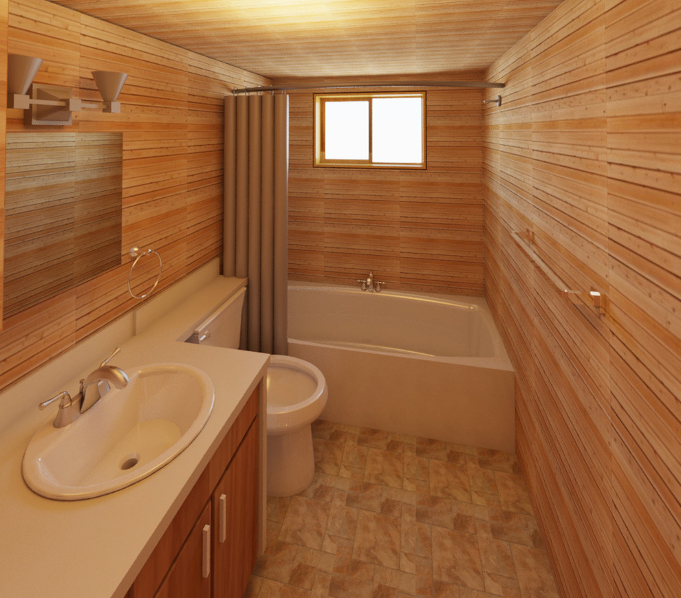 Small classic ensuite bathroom in Miami with granite worktops, a built-in bath, beige tiles and vinyl flooring.