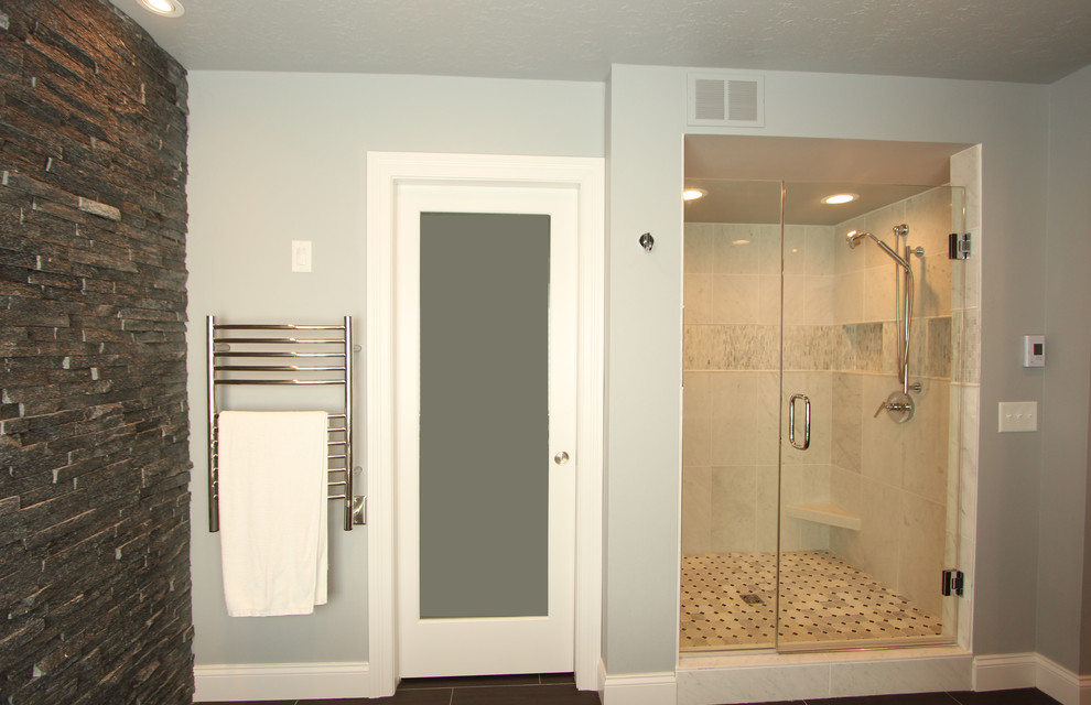 Mid-sized transitional master white tile and stone tile slate floor bathroom photo in Other with flat-panel cabinets, dark wood cabinets, a two-piece toilet, gray walls, an undermount sink and quartz countertops