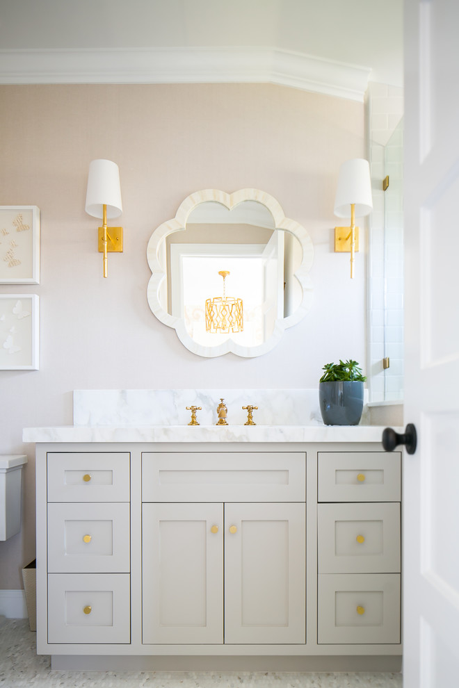 Transitional 3/4 mosaic tile floor and white floor bathroom photo in Orange County with shaker cabinets, red cabinets and beige walls