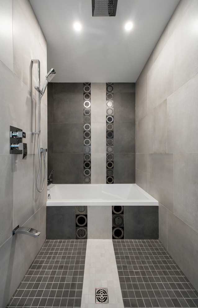 Inspiration for a medium sized contemporary shower room bathroom in Toronto with flat-panel cabinets, an alcove bath, an alcove shower, grey walls, a submerged sink, solid surface worktops, grey floors, a hinged door and white worktops.