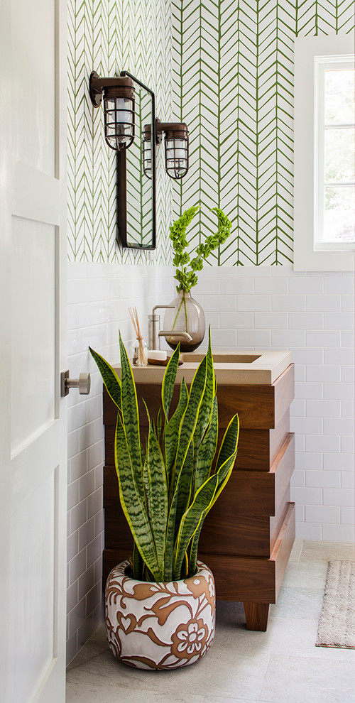 Example of a mid-sized transitional white tile bathroom design in Atlanta with multicolored walls