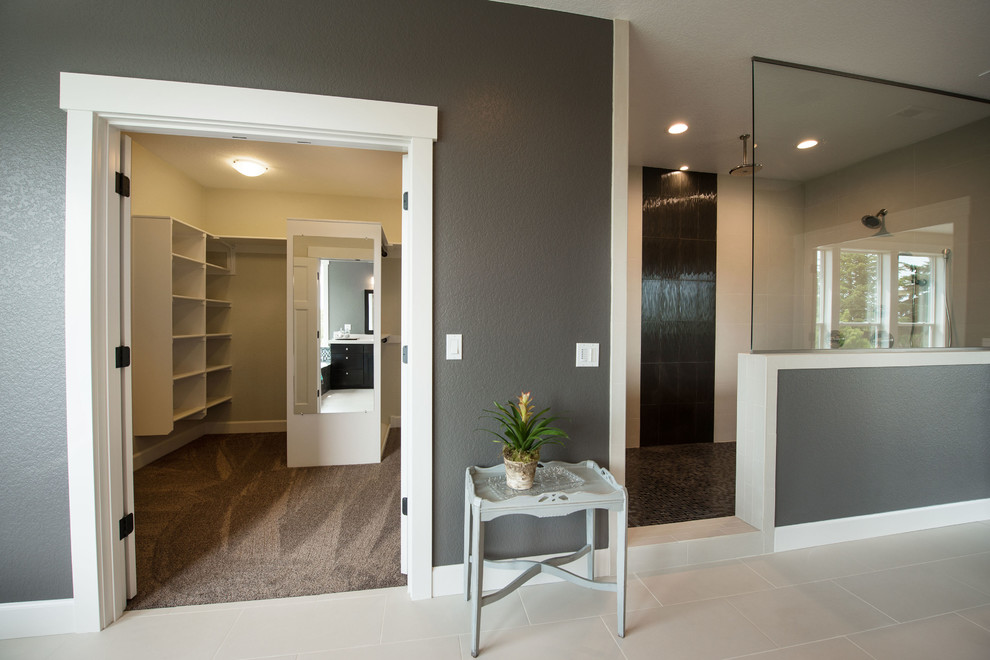 Example of a large classic master white tile and porcelain tile porcelain tile bathroom design in Portland with shaker cabinets, dark wood cabinets, a two-piece toilet, gray walls, a drop-in sink and tile countertops