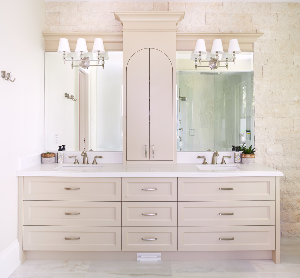 Inspiration for a transitional master white tile and porcelain tile porcelain tile and white floor bathroom remodel in Toronto with recessed-panel cabinets, beige cabinets, beige walls, an integrated sink, quartz countertops and white countertops