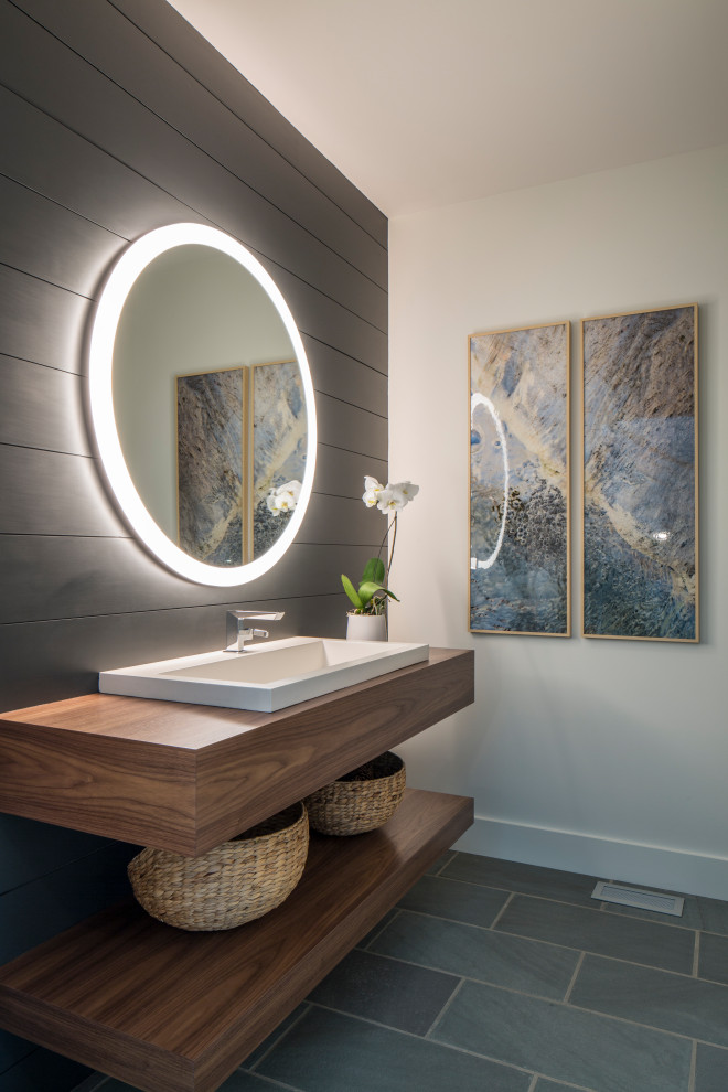 Inspiration for a large contemporary 3/4 white tile gray floor, single-sink and shiplap wall bathroom remodel in Other with flat-panel cabinets, white walls, medium tone wood cabinets, a drop-in sink, wood countertops, brown countertops and a floating vanity