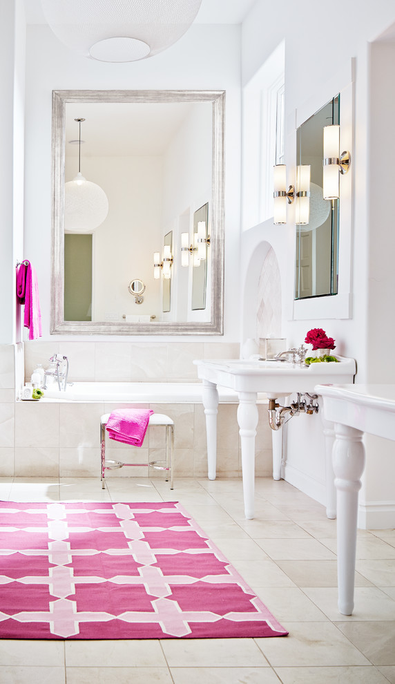 Example of a large transitional master beige tile alcove bathtub design in San Francisco with a console sink and white walls