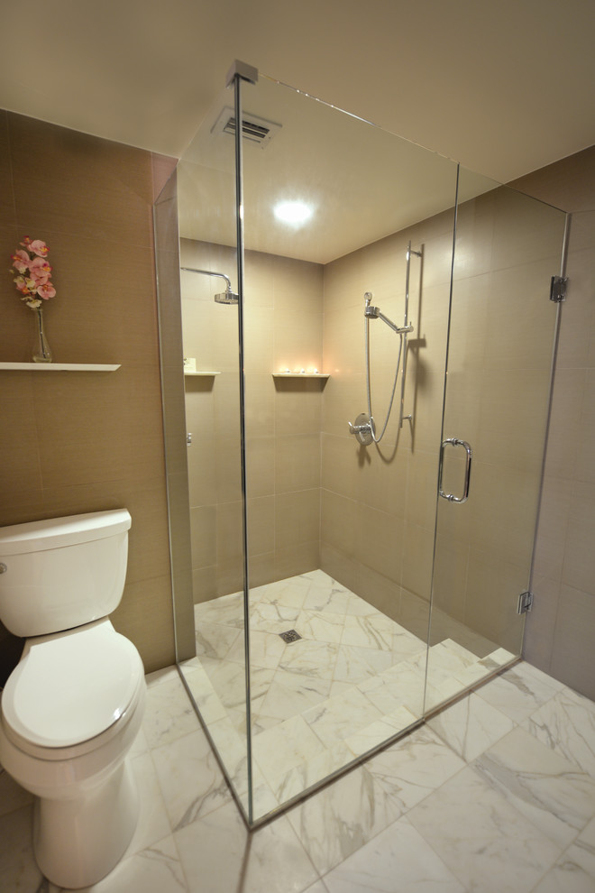 Trendy master white tile and porcelain tile marble floor double shower photo in Miami
