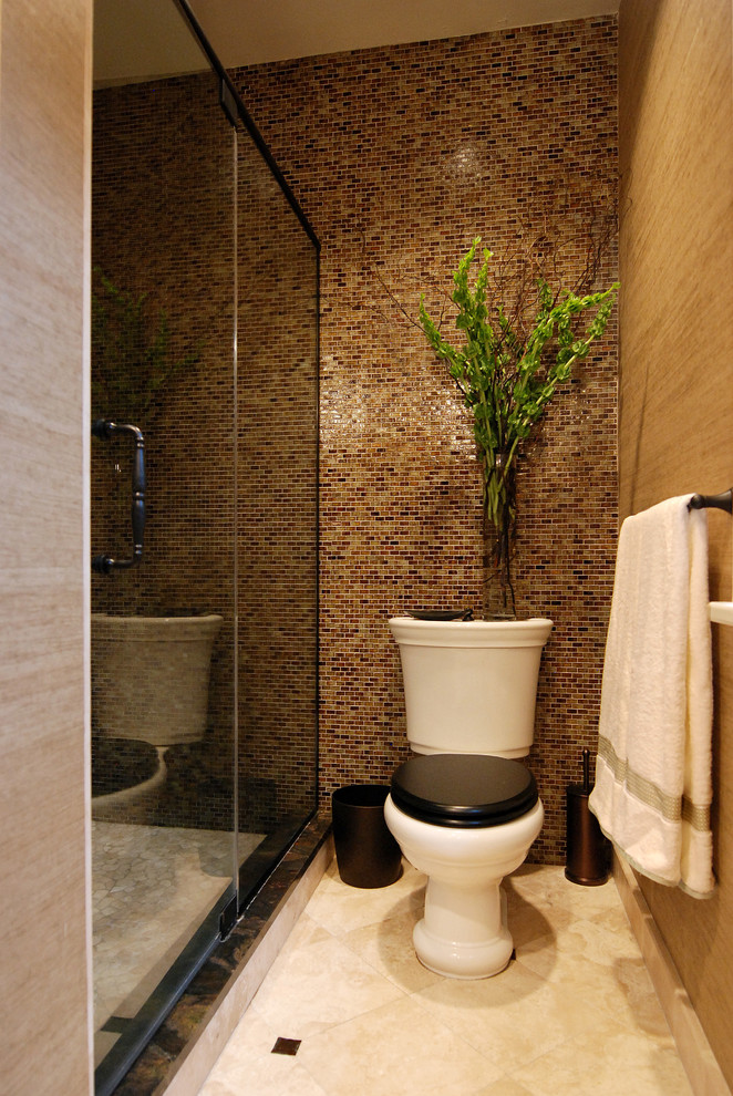 Traditional bathroom in New York with mosaic tiles and a feature wall.